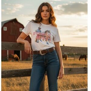 Buckle Bunny cowgirl tee- size Small women